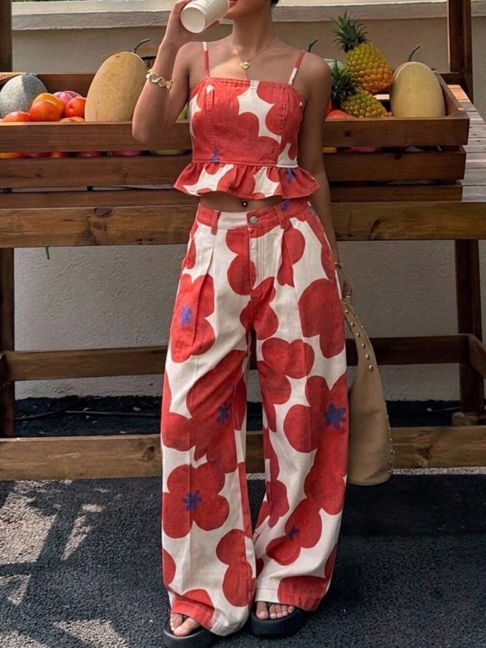 Red Boho Women's Floral Ruffle Hem Camisole Top and Pants Denim Set